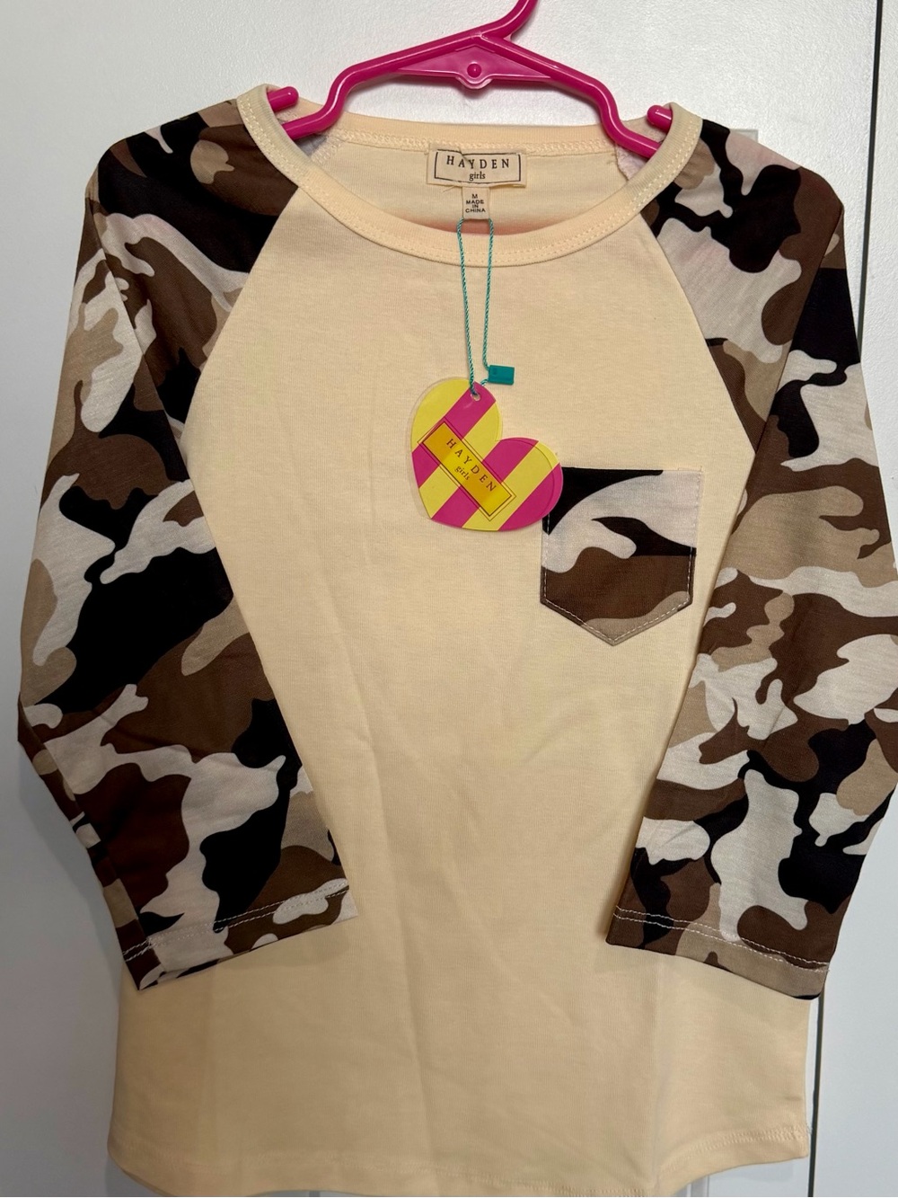 Hayden Cream Raglan Top with Brown Camo Sleeves